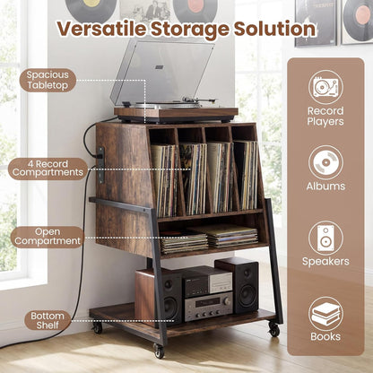 Record Player Stand on Wheels, 3-Tier Turntable Stand with Charging Station, Compartment & Open Shelf, Holds up to 150 Vinyl Records, Modern Vinyl Record Storage for Small Spaces, Rustic Brown
