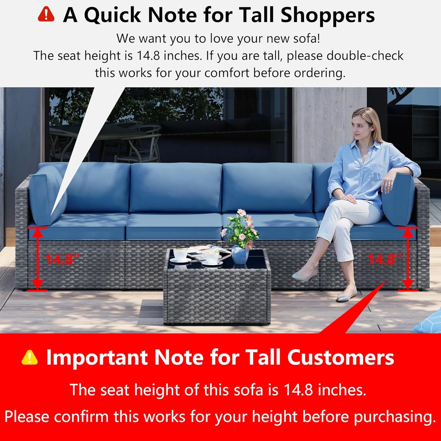 5 Pieces Outdoor Patio Furniture Sets, Patio Sectional Sofa Couch, Gray PE Wicker Furniture Modular Patio Conversation Sets Patio Sofa with Washable Cushions & Table（Aegean Blue）