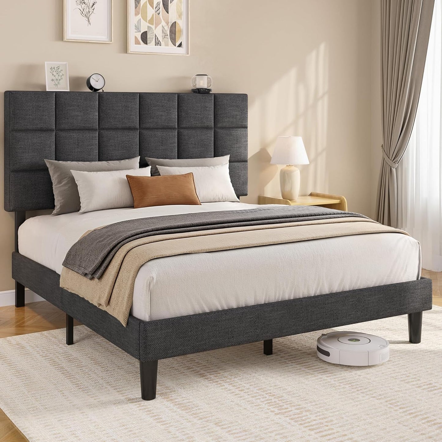 Queen Platform Bed Frame with Linen Upholstered Adjustable Tall Headboard, No Box Spring Needed, Anti-Noise EVA Sponge, Easy Assembly, One-Box Shipping, 7.5 Inch under Bed Storage, Dark Grey