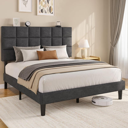 Queen Platform Bed Frame with Linen Upholstered Adjustable Tall Headboard, No Box Spring Needed, Anti-Noise EVA Sponge, Easy Assembly, One-Box Shipping, 7.5 Inch under Bed Storage, Dark Grey