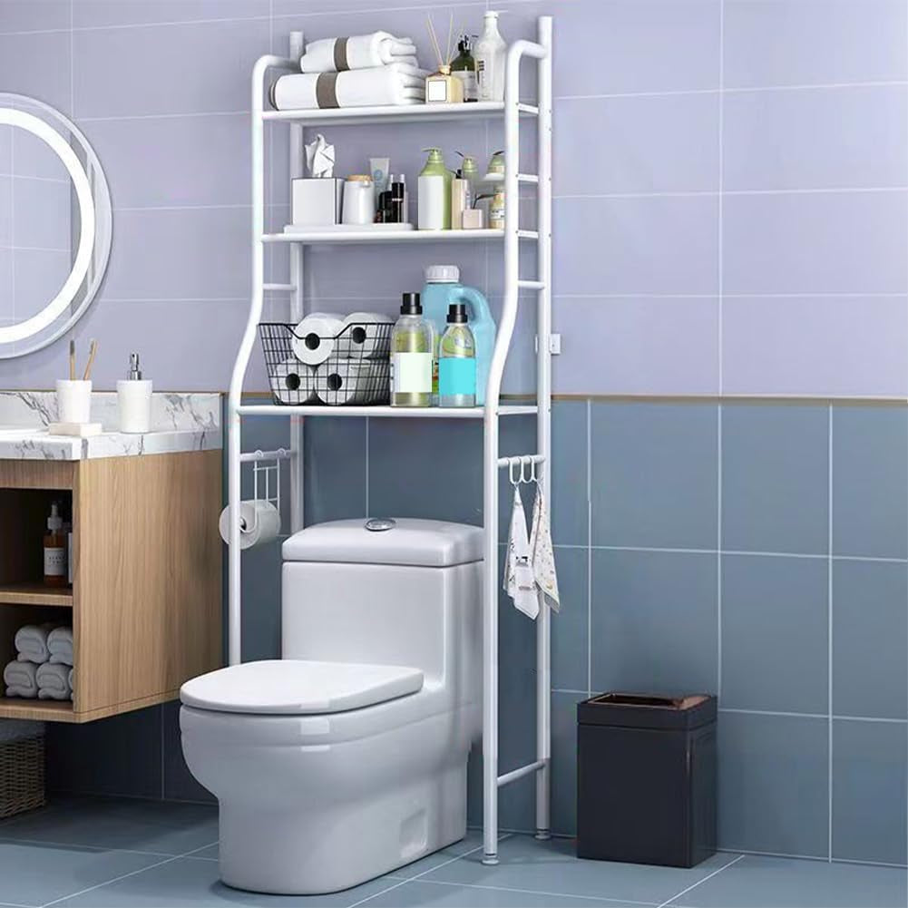 3-Tier over the Toilet Storage, Freestanding Metal Bathroom Shelves, above Toilet Storage Rack with Hooks and Paper Holder, Space-Saving, for Bathroom Restroom Laundry, White