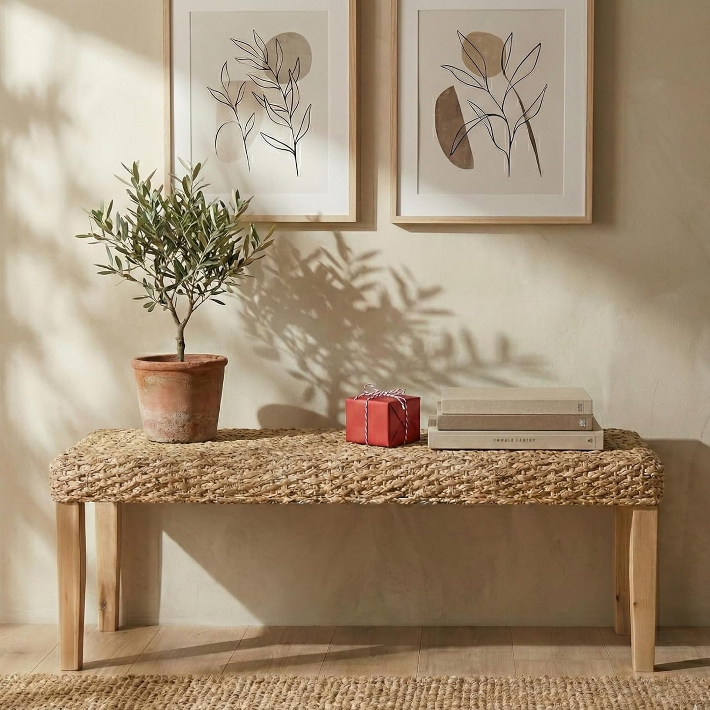 Indoor Bench Wicker for Entryway Bench, Wood Bench for Living Room Dining Bench or End of Bed Bench, 47" Boho Bench with Solid Wood Acacia & Natural Woven Seat, Rustic Farmhouse Rattan Hallway Bench