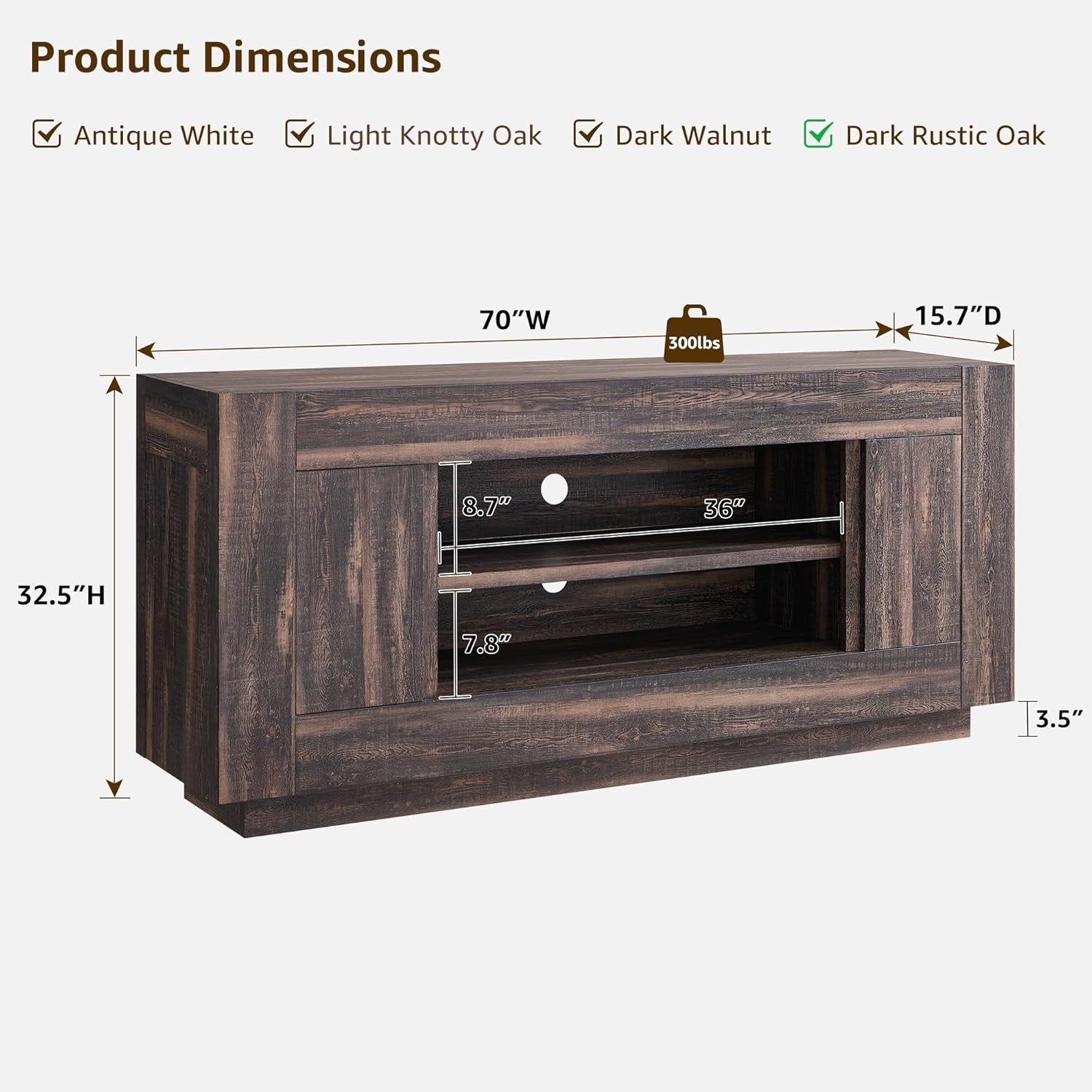 Modern 70" TV Stand, Entertainment Center for Tvs up to 80", Media Console with Large Open Storage & Side Cabinets, Thick Wood Design for Living Room, Dark Rustic Oak