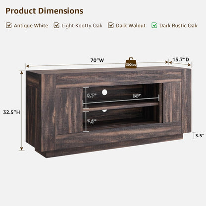 Modern 70" TV Stand, Entertainment Center for Tvs up to 80", Media Console with Large Open Storage & Side Cabinets, Thick Wood Design for Living Room, Dark Rustic Oak
