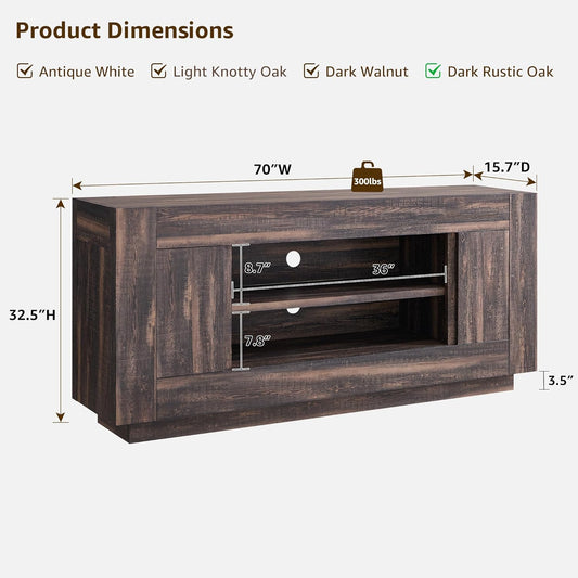 Modern 70" TV Stand, Entertainment Center for Tvs up to 80", Media Console with Large Open Storage & Side Cabinets, Thick Wood Design for Living Room, Dark Rustic Oak