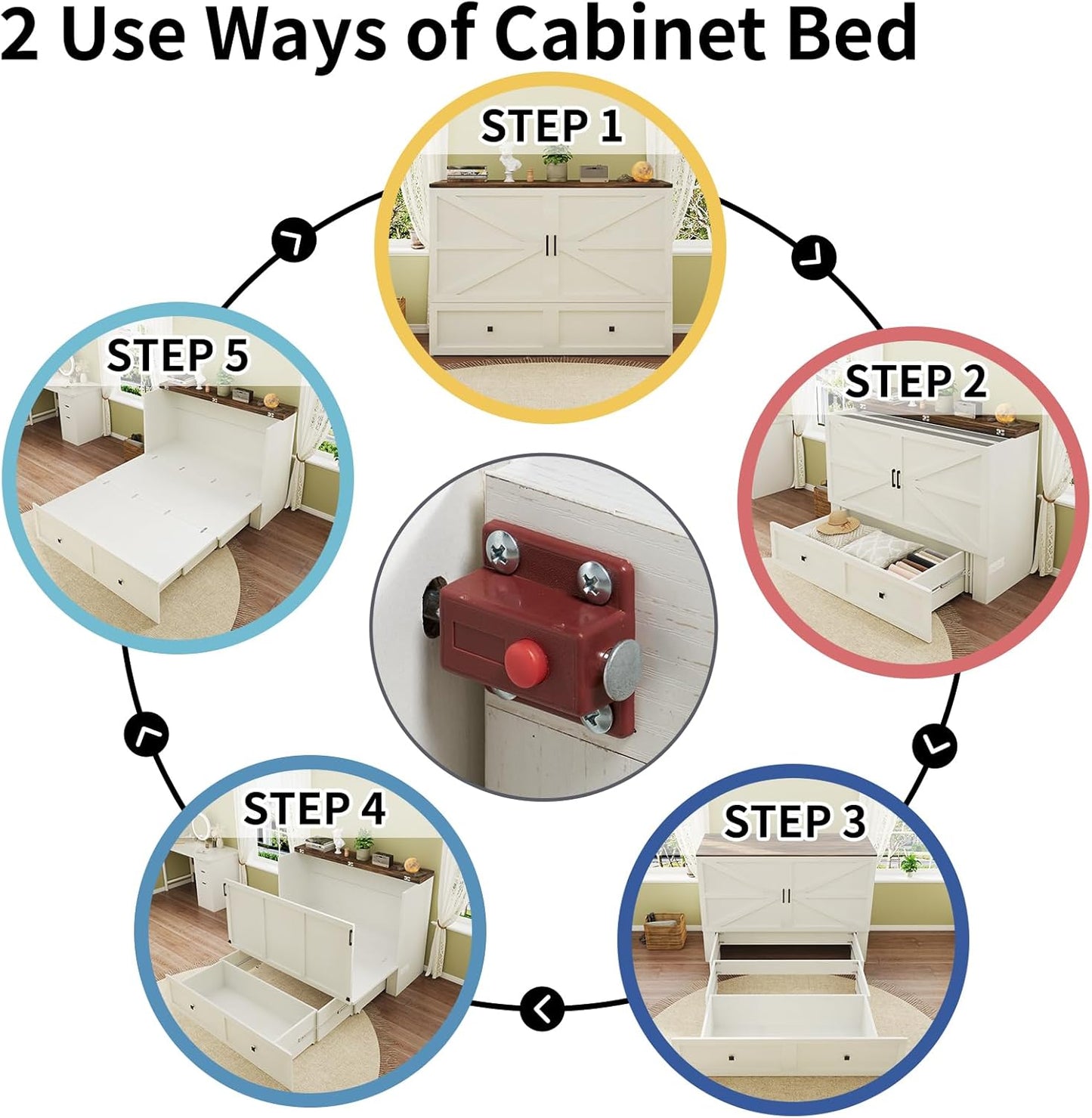 Murphy Bed with Charging Station, Queen Size Cabinet Bed with Large Storage Drawer for Home Office or Small Room, Hideaway Full Foldable Platform Bed, White