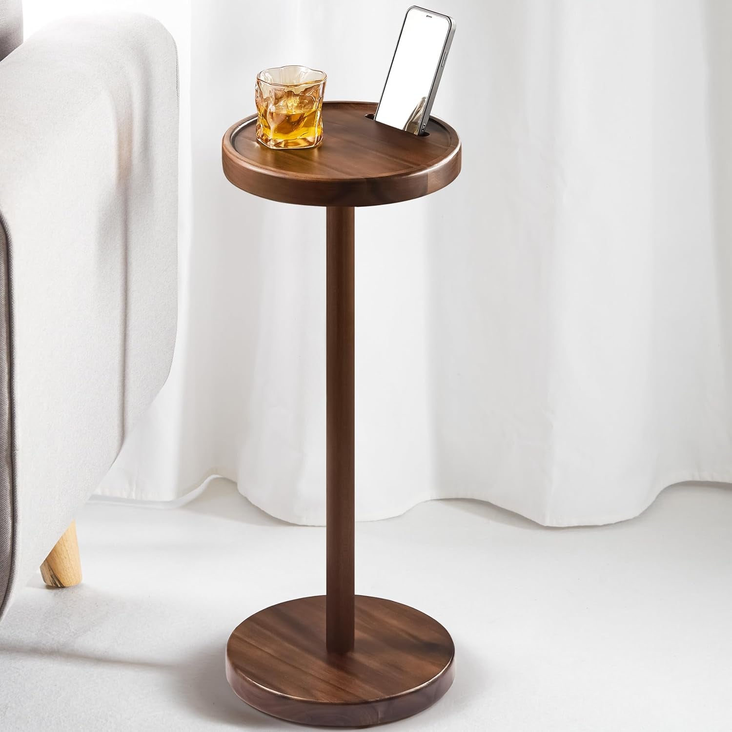 Drink Table, 22" Tall Compact Side Table with Phone Slot and Weighted Base, Durable Pedestal Table Accent for Living Room (Flat, Walnut)