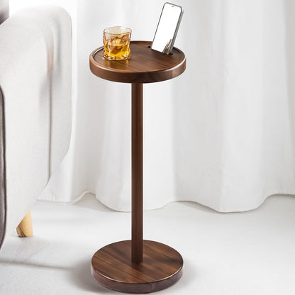 Drink Table, 22" Tall Compact Side Table with Phone Slot and Weighted Base, Durable Pedestal Table Accent for Living Room (Flat, Walnut)