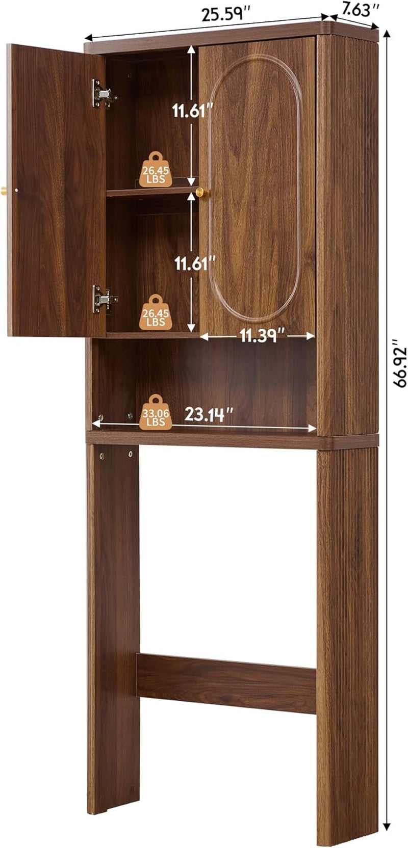 Fluted over the Toilet Storage Cabinet, Bathroom Toilet Storage Cabinet with Door, Wood Curved over the Toilet Space Saver Cabinets for Restroom Bathroom, Walnut