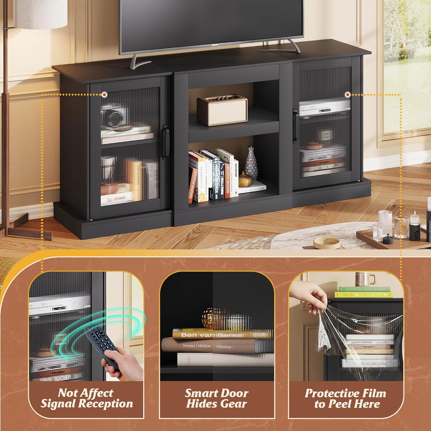 Farmhouse TV Stand for 65 Inch TV, 58" Entertainment Center with Storage Cabinets, Open Shelves TV Console for Living Room and Bedroom, Black