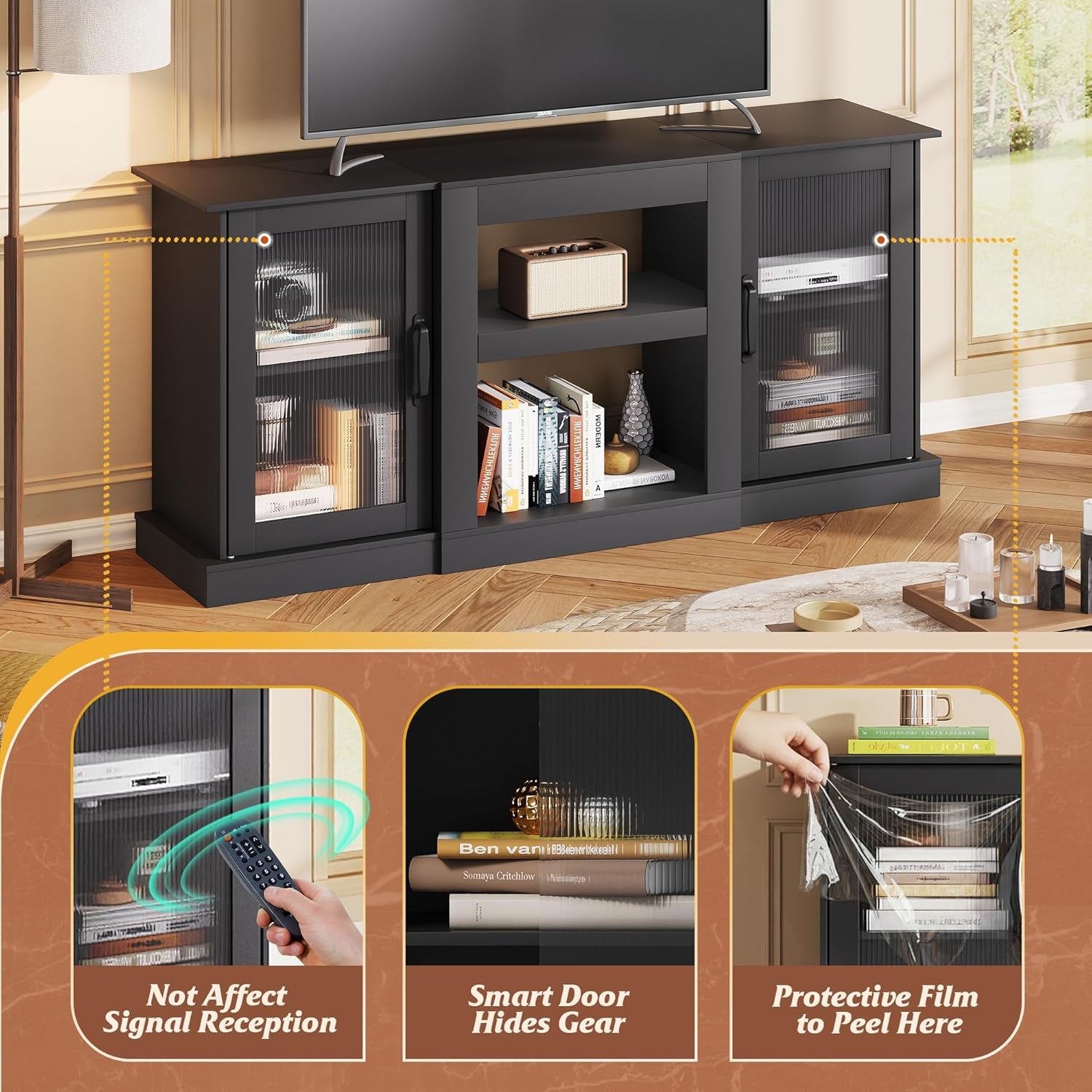 Farmhouse TV Stand for 65 Inch TV, 58" Entertainment Center with Storage Cabinets, Open Shelves TV Console for Living Room and Bedroom, Black