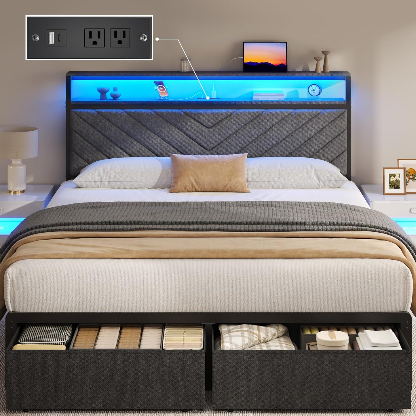 Queen Bed Frame with 2 Drawers, Upholstered Headboard with Storage and Charging Station, LED Lights, Fabric Drawers with Wheels, under Bed Storage, No Box Spring Needed, Easy Assembly, Grey