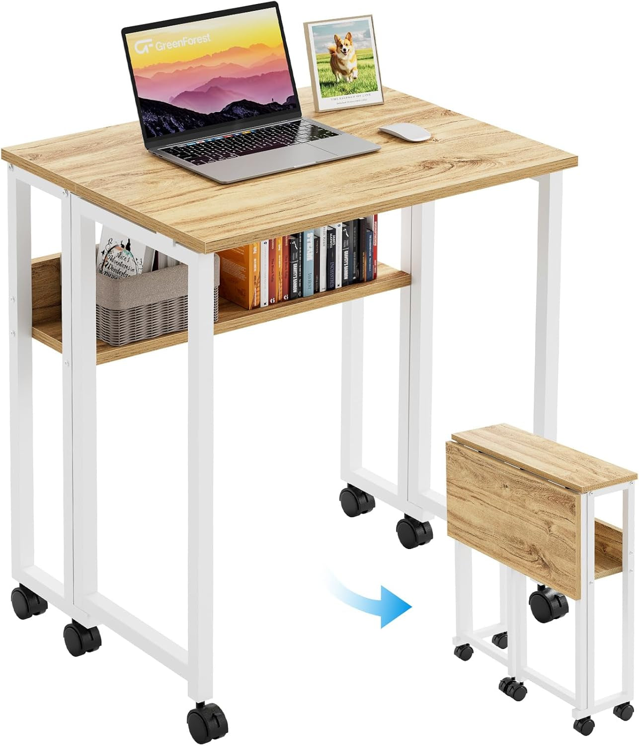 Folding Desk Small Rolling Desk with Storage Shelf,24.8 Inch Foldable Computer Desk with Wheels for Small Space,Easy Assembly,Oak