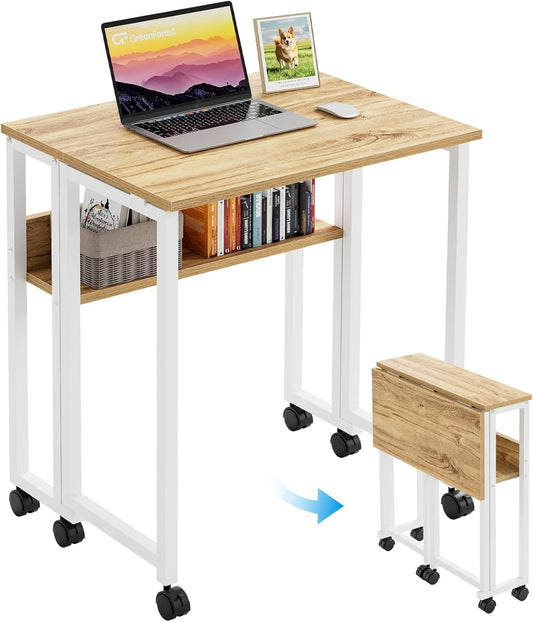 Folding Desk Small Rolling Desk with Storage Shelf,24.8 Inch Foldable Computer Desk with Wheels for Small Space,Easy Assembly,Oak
