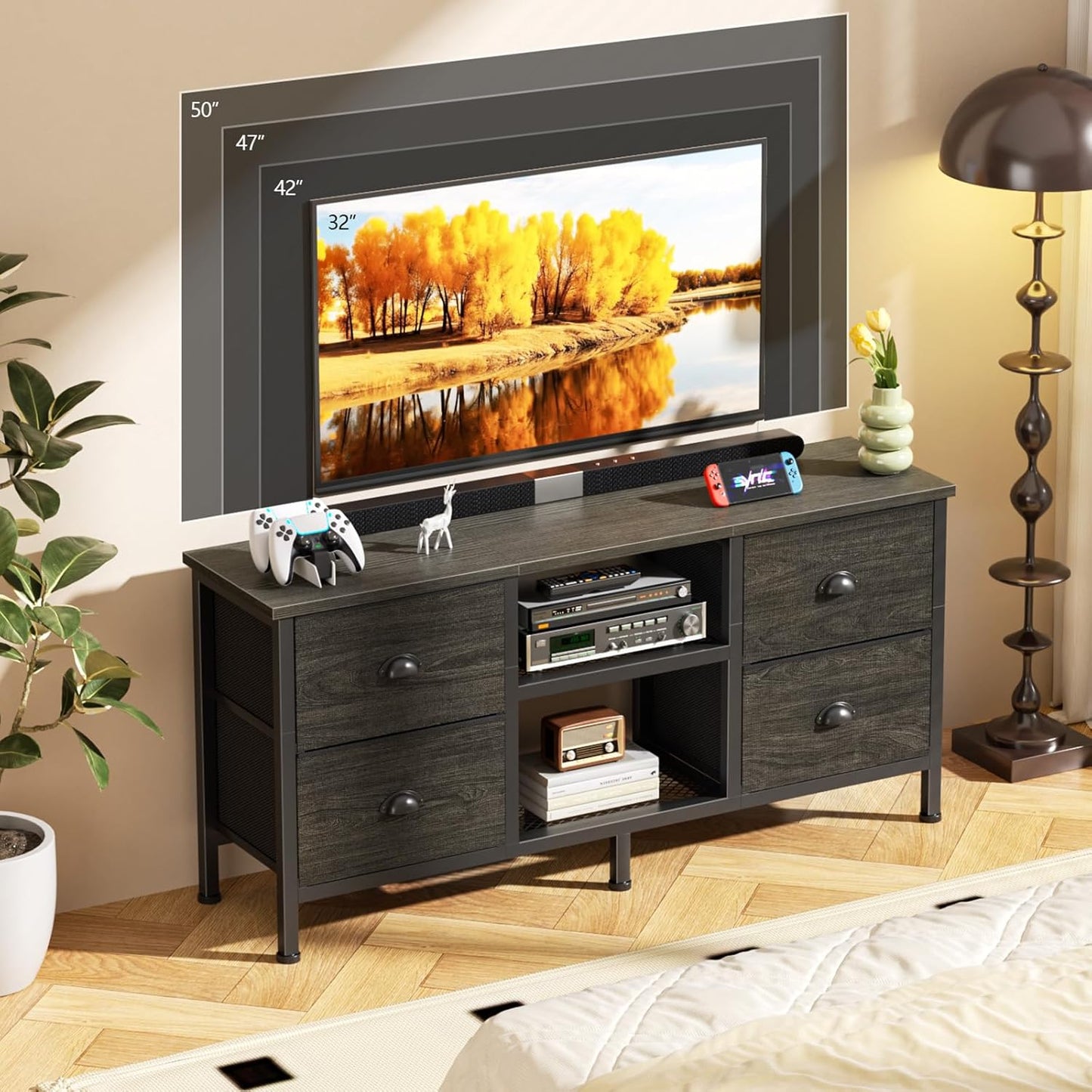 TV Stand with 4 Drawers, 43 Inch Entertainment Center with Open Shelves, Media Center for 50" TV, Television Stand for Bedroom, Living Room/Light Black Oak
