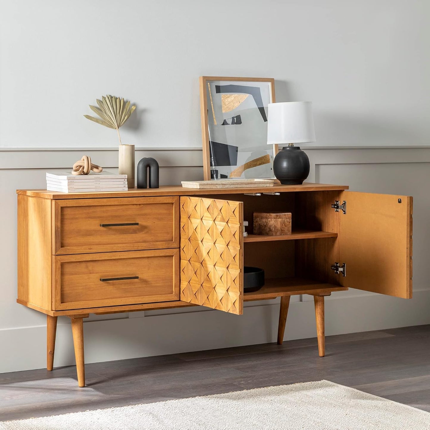 Deluca Boho Solid Wood 2 Door Sideboard with Prism Detail, 58 Inch, Caramel
