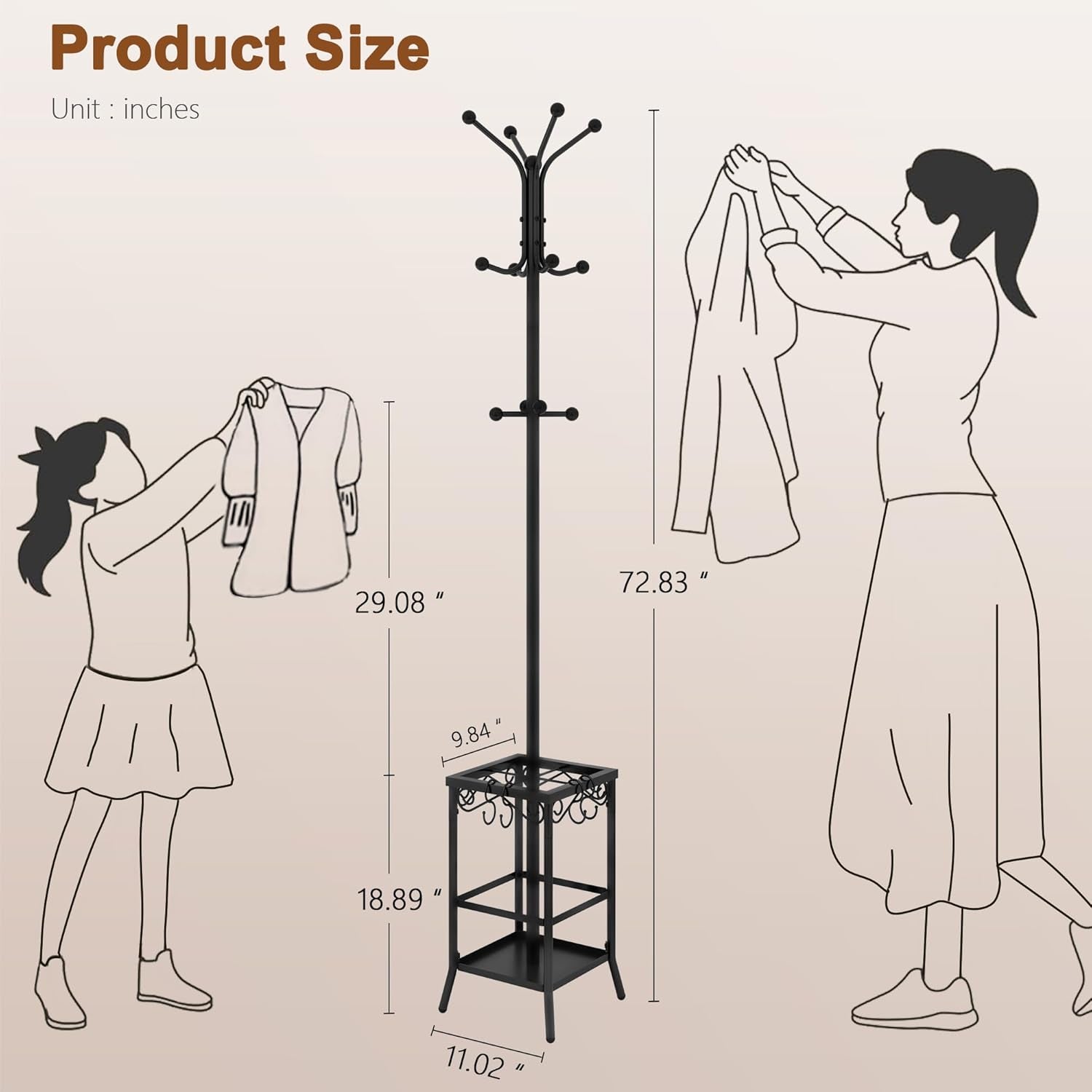 Coat Rack Freestanding, Coat Tree with Umbrella Holder, Metal Coat Rack Stand with 12 Hooks, Standing Coat Hanger Stand, Umbrella Stand for Entryway, Hat Rack Stand for Home Office, Black