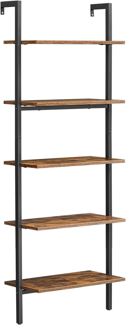 Industrial Ladder Shelf, 5-Tier Bookshelf, Wood Wall Mounted Shelf, Storage Rack Display Shelves for Living Room, Home Office, 23.6 X 11.8 X 67.7 Inches, Rustic Brown and Black ULLS102B01