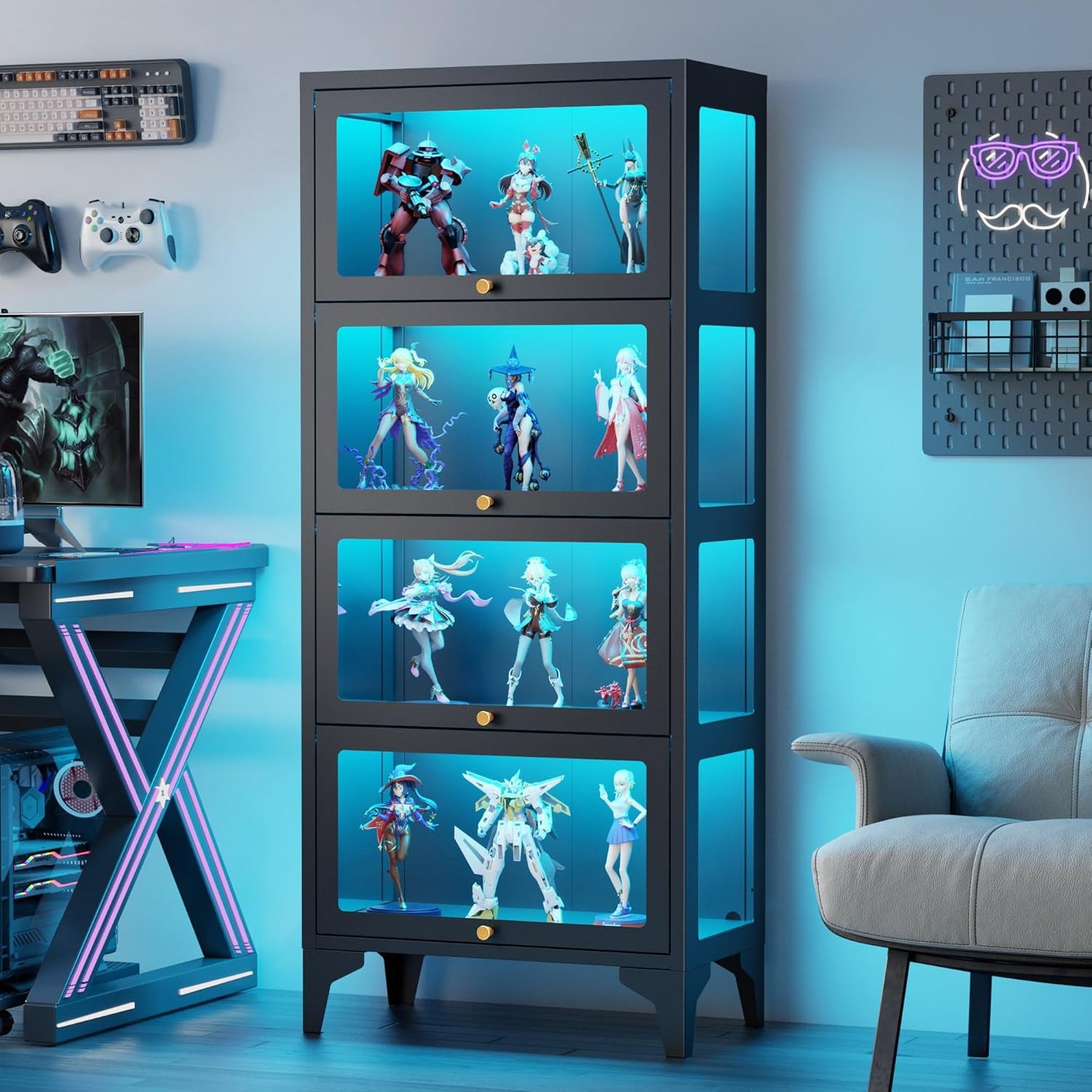 4 Tier Glass Display Cabinet with Flip-Up Doors, 55" Curio Cabinet with 13-Color LED Lights, 3-Side Tempered Glass Display Case for Books, Collectibles, Figures, Black