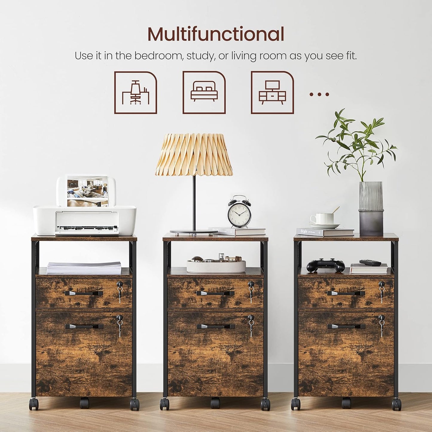 File Cabinet, Mobile Filing Cabinet on Wheels, for Home Office, 2 Lockable Drawers, for A4, Letter-Size Hanging File Folders, Open Shelf, Steel Frame, Rustic Brown and Ink Black UOFC077B01