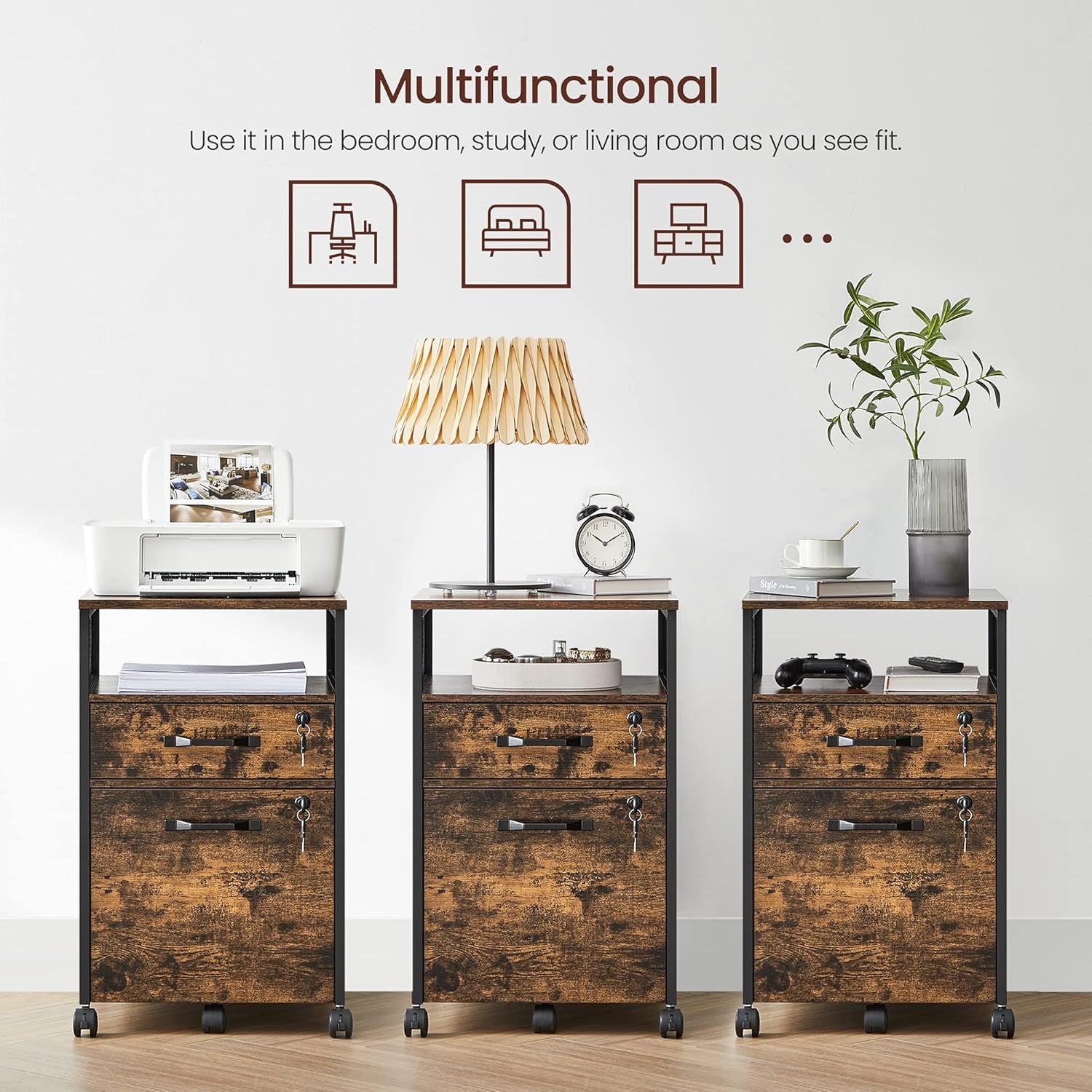 File Cabinet, Mobile Filing Cabinet on Wheels, for Home Office, 2 Lockable Drawers, for A4, Letter-Size Hanging File Folders, Open Shelf, Steel Frame, Rustic Brown and Ink Black UOFC077B01
