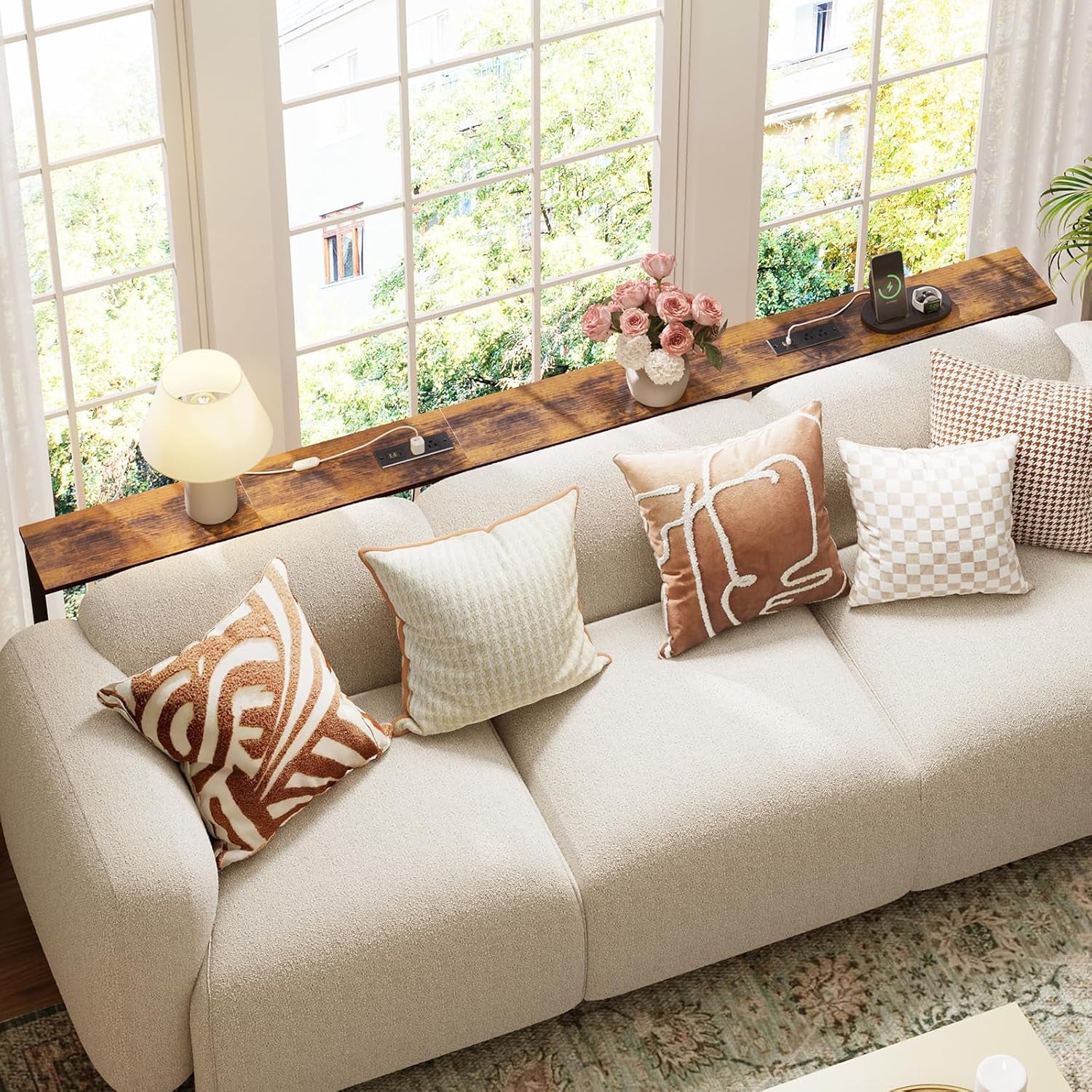 79In behind Couch Table Adjustable Height Sofa Table with Charge Station Narrow Console Table with LED Lights, Rustic Brown