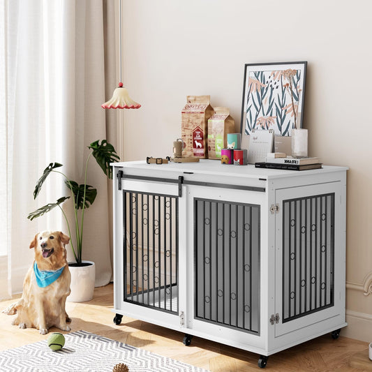 Large Dog Crate Furniture, 47" Wooden Dog Kennel with Sliding Barn Door, Flip-Top Lid & Wheels, Indoor Pet Crate Table with Detachable Divider for Small/Medium/Large Dogs (White)