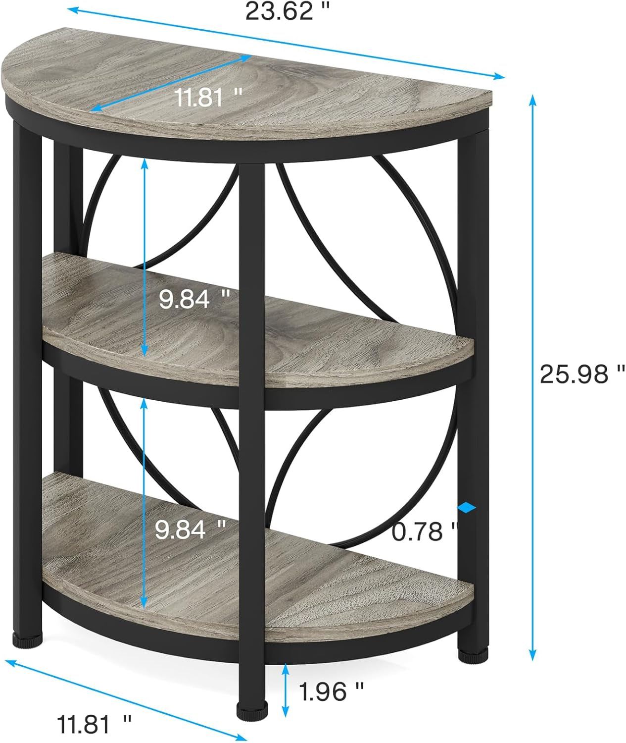 Half round End Table for Living Room Set of 2, 3-Tier Half Side Table with Metal Frame, Industrial Half Moon Table with Storage Shelves for Entryway, Bedroom, Grey