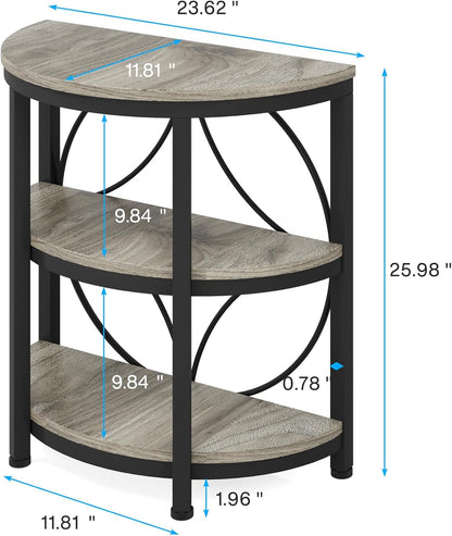 Half round End Table for Living Room Set of 2, 3-Tier Half Side Table with Metal Frame, Industrial Half Moon Table with Storage Shelves for Entryway, Bedroom, Grey