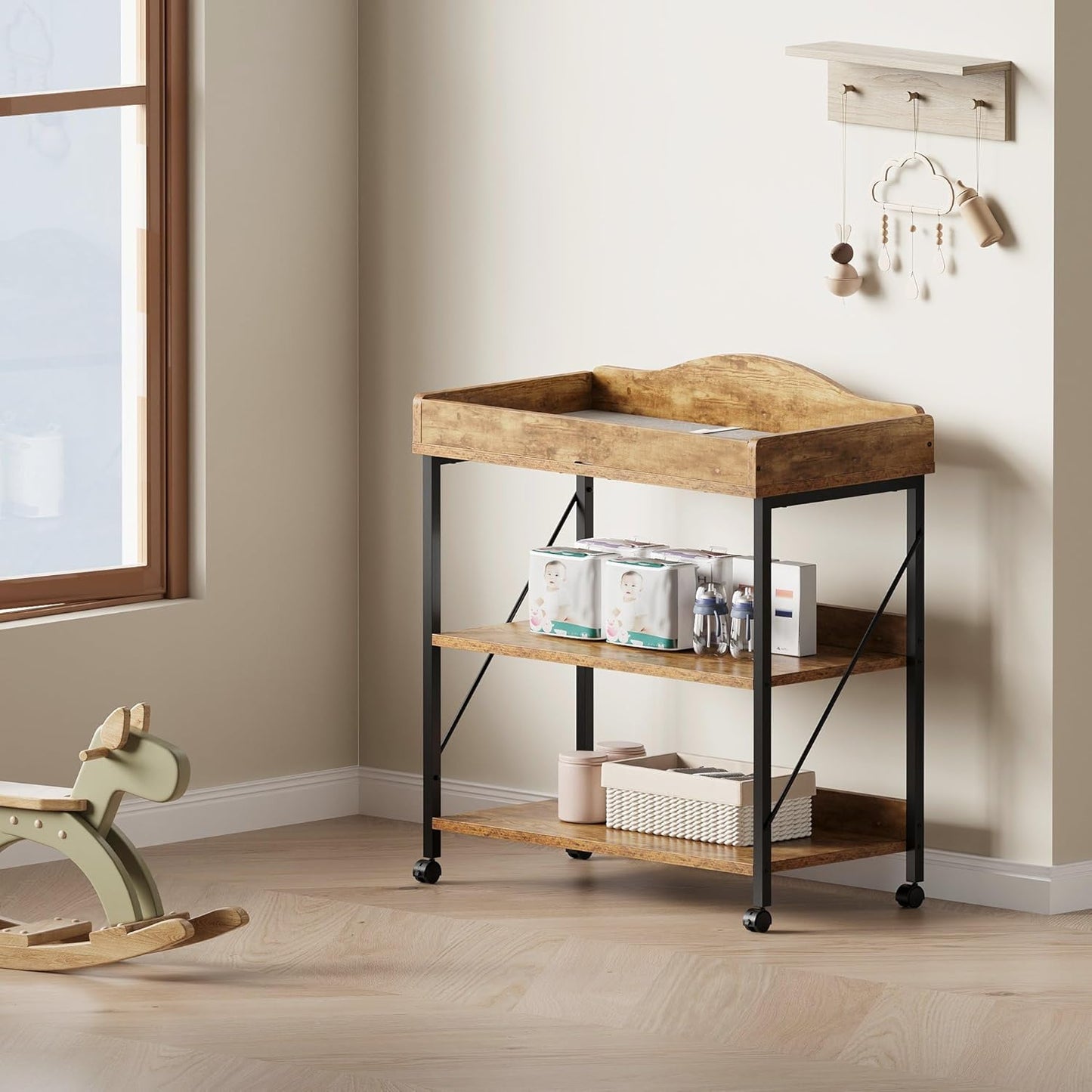 Baby Changing Table, Diaper Changing Station with Pad and Wheels, Two-Tier Open Storage Shelves, Waterproof Diaper Pad & Safety Strap,Compact Baby Furniture for Nursery, Rustic Brown
