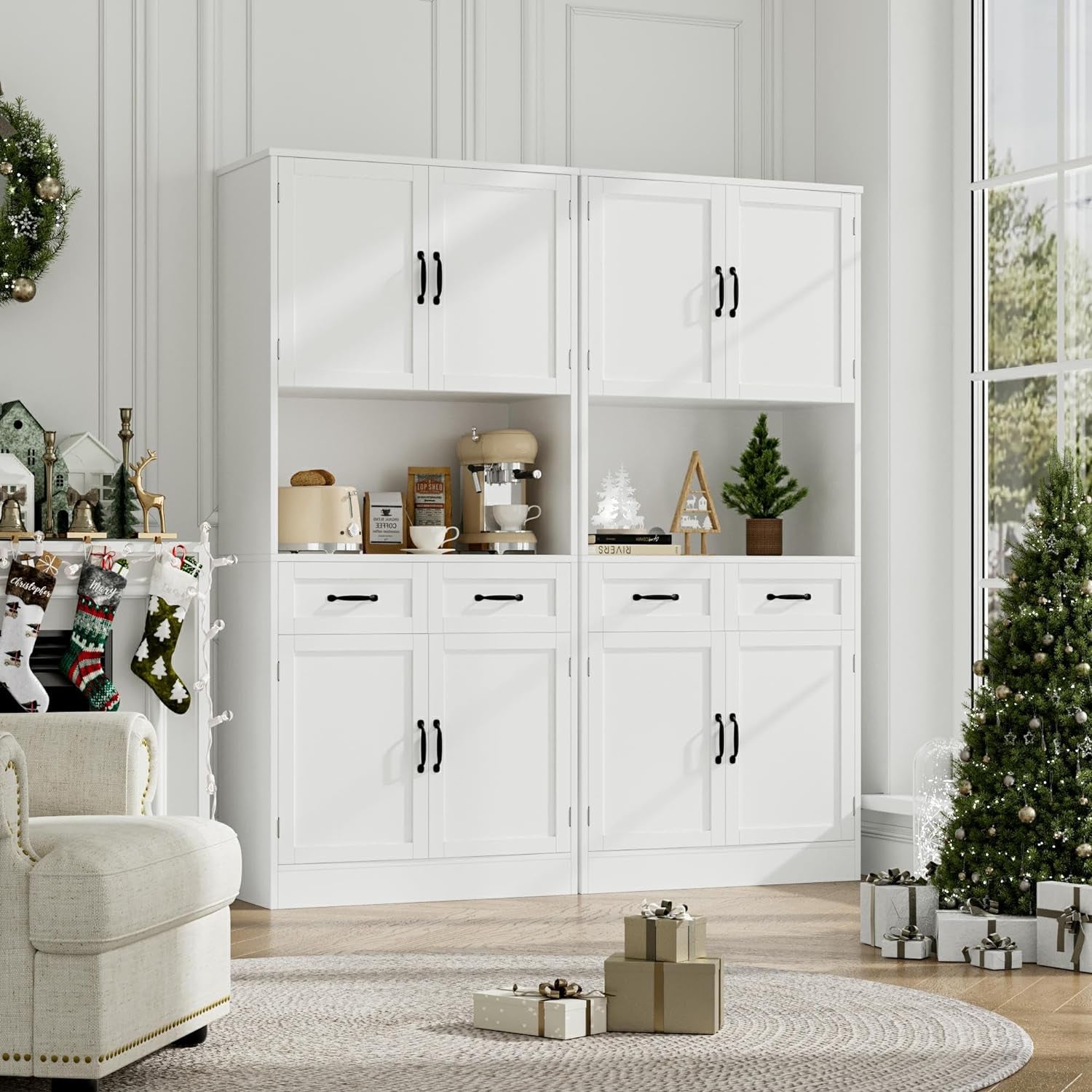 71“ Tall Kitchen Pantry Storage Cabinet, Modern Kitchen Hutch Bar Cabinet with Microwave Stand, Wood Buffet Sideboard with Hutch, Cupboard with Drawers, Shelves for Dining Room, White