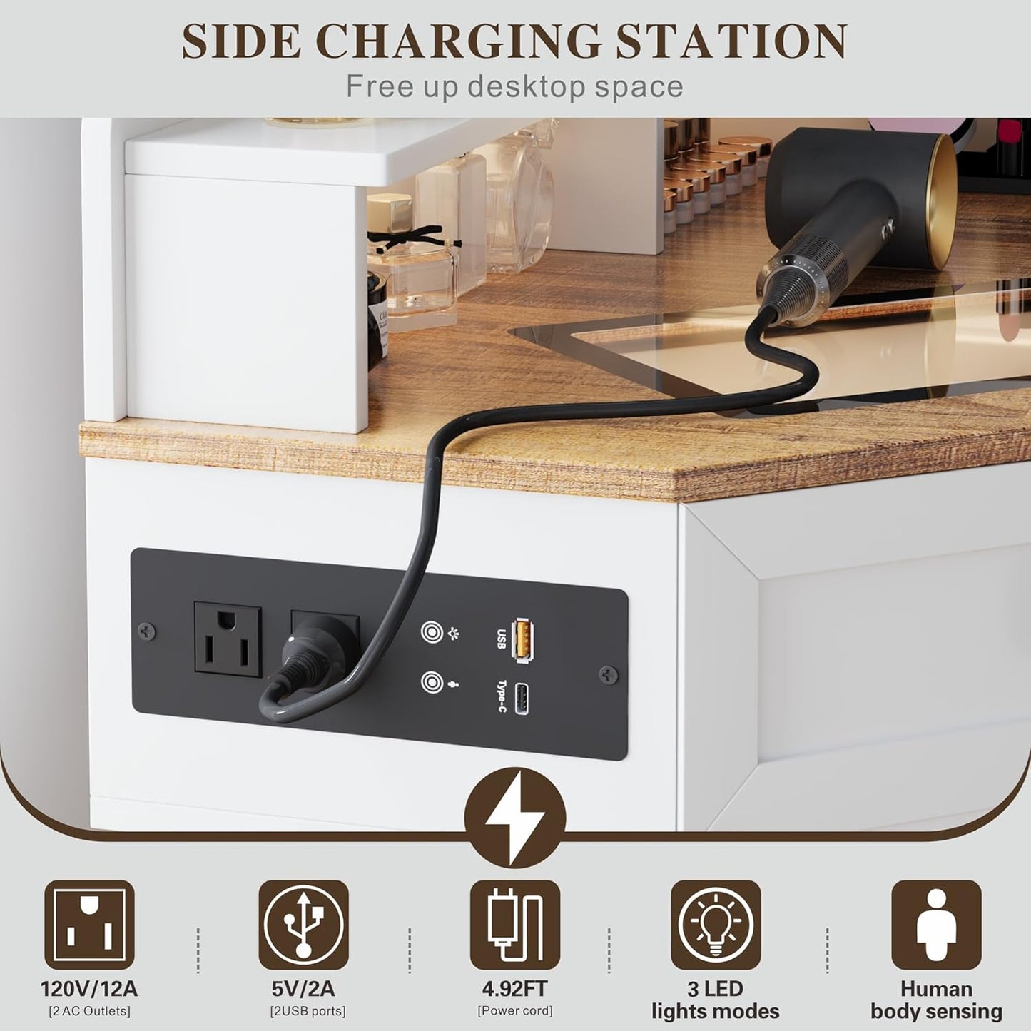 Corner Vanity Desk with Mirror and Lights, Modern Makeup Vanity with Charging Station & Human Sensor Light, Glass Top Dressing Table with 4 Drawers & Shelves for Bedroom (White)