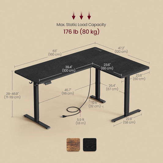 L Shaped Electric Standing Desk, 63 X 47.2 Inches, Height Adjustable Corner Desk with Power Outlets, 2 Memory Buttons, Easy to Assemble, for Home Office, Ink Black ULSD242B01