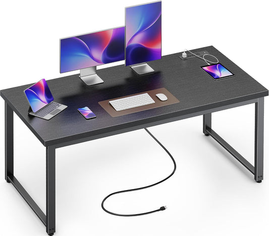 55 X 24 Inch Desk with Power Outlets & USB-C, Deeper & Thicker Desktop, Robust Metal Tubes, Computer Desk, Heavy Duty Office Desk, Work Gaming Desk for Home Office, Black