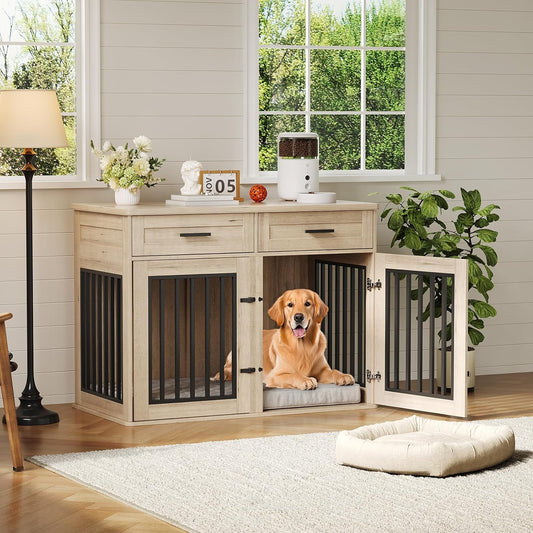 Extra Large Dog Crate Furniture,44.5 Inches Wooden Dog Crate with 2 Storage Drawers and 3 Hooks,Heavy Duty Pet Crate for Large Dog, Decorative Pet Cage with Sliding Barn Door for Indoor,Grey