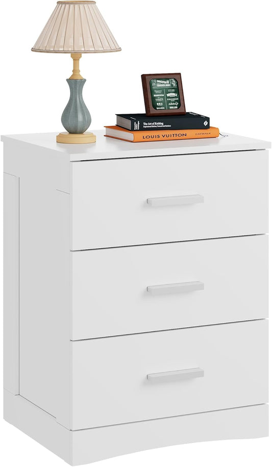 White Night Stand, Wood Nightstand with 3 Drawers, Bed Side Table for Bedroom, Living Room, Dorm, Modern Minimalist Bedside Table
