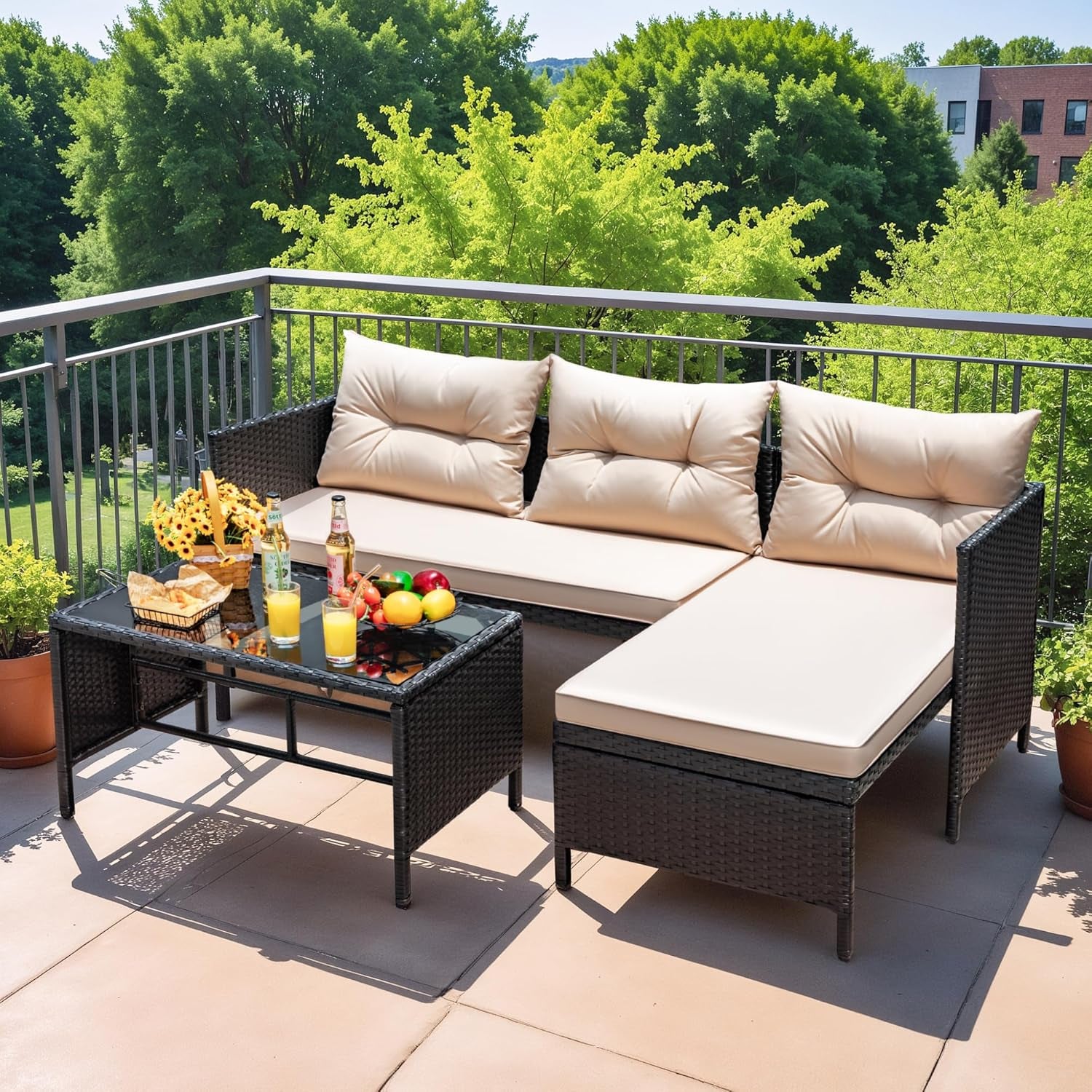 Outdoor Patio Furniture 3-Piece Rattan Waterproof Outdoor Sectional Sofa All-Weather L Shaped Patio Couch with Cushion Glass Table for Balcony, Garden (Beige)