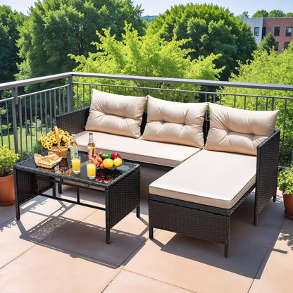 Outdoor Patio Furniture 3-Piece Rattan Waterproof Outdoor Sectional Sofa All-Weather L Shaped Patio Couch with Cushion Glass Table for Balcony, Garden (Beige)