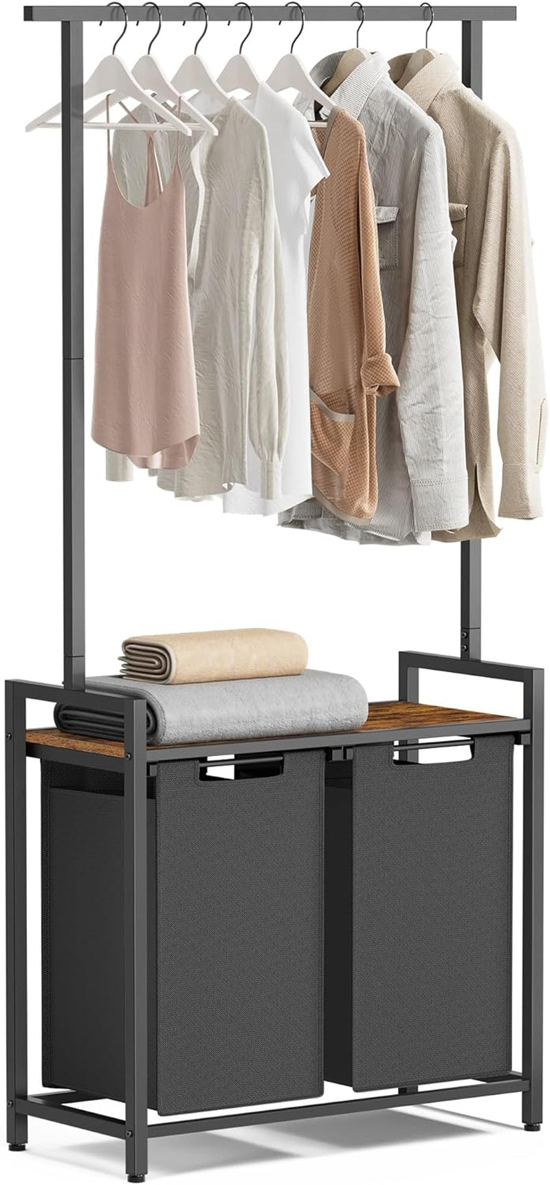 Laundry Sorter, Laundry Hamper 2 Section with Clothes Rack, Pull-Out and Removable Laundry Basket with Shelf, 28.7 X 13 X 69.7 Inches, Rustic Brown and Black UBLH241B01