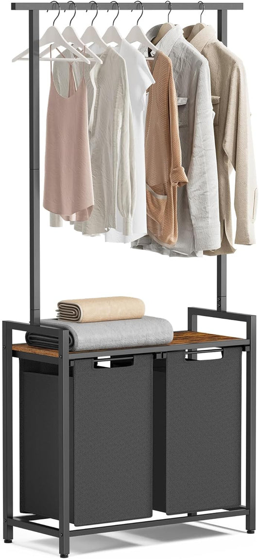 Laundry Sorter, Laundry Hamper 2 Section with Clothes Rack, Pull-Out and Removable Laundry Basket with Shelf, 28.7 X 13 X 69.7 Inches, Rustic Brown and Black UBLH241B01