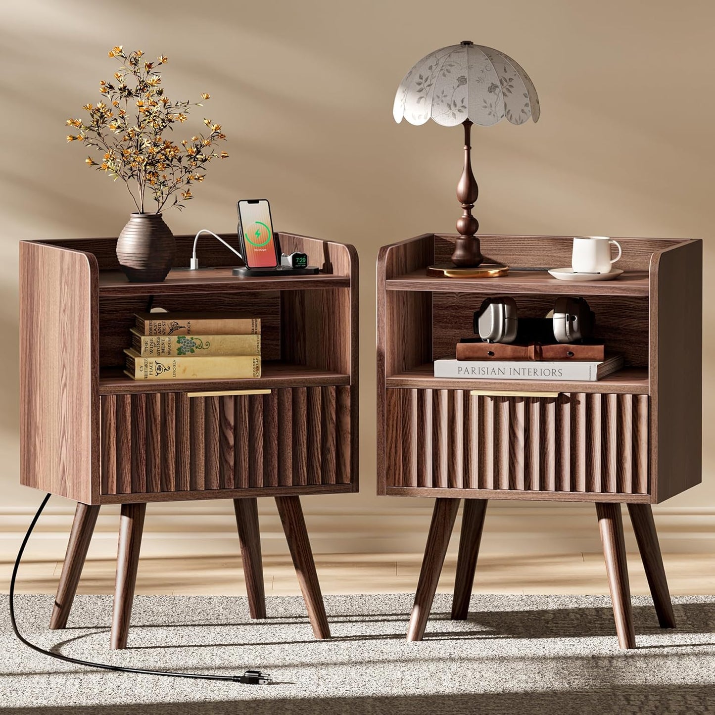 Nightstand with Charging Station, USB-C Port, Fluted Night Stand Set of 2, Bed Side Table with Drawer, Solid Wood Feet, Open Storage, End Table with Raised Edge, for Bedroom, Walnut
