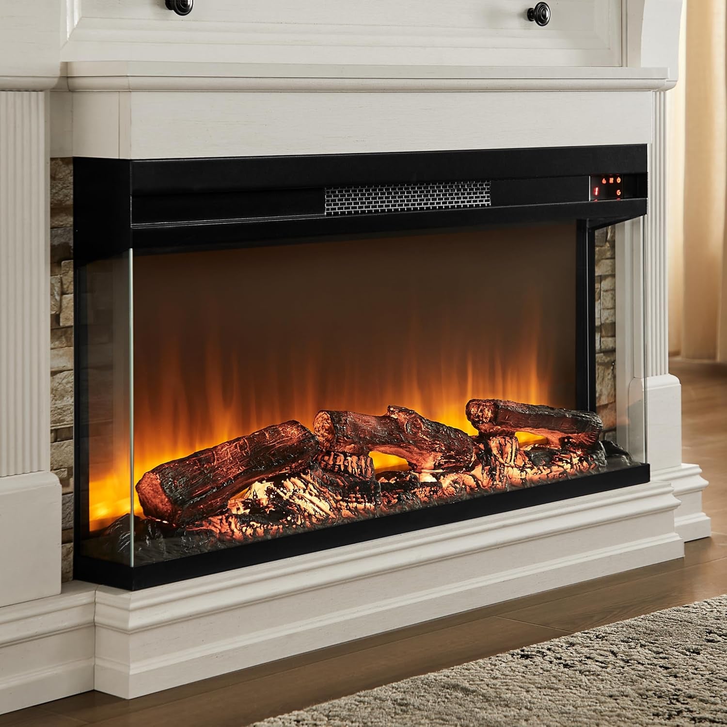 52 Inch Electric Fireplace with Mantel, Fireplace TV Stand with 36" 3-Sided Glass Electric Fireplace Heater for Living Room (Antique White)