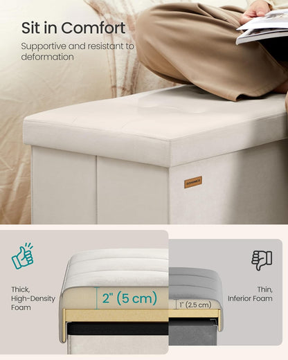 Mazie Collection - 30 Inches Storage Ottoman, Foldable Storage Bench with Flipping Lid, 660 Lb Load Capacity, for Entryway, Living Room, Bedroom, Velvet Fabric, Cream White ULSF048LH01