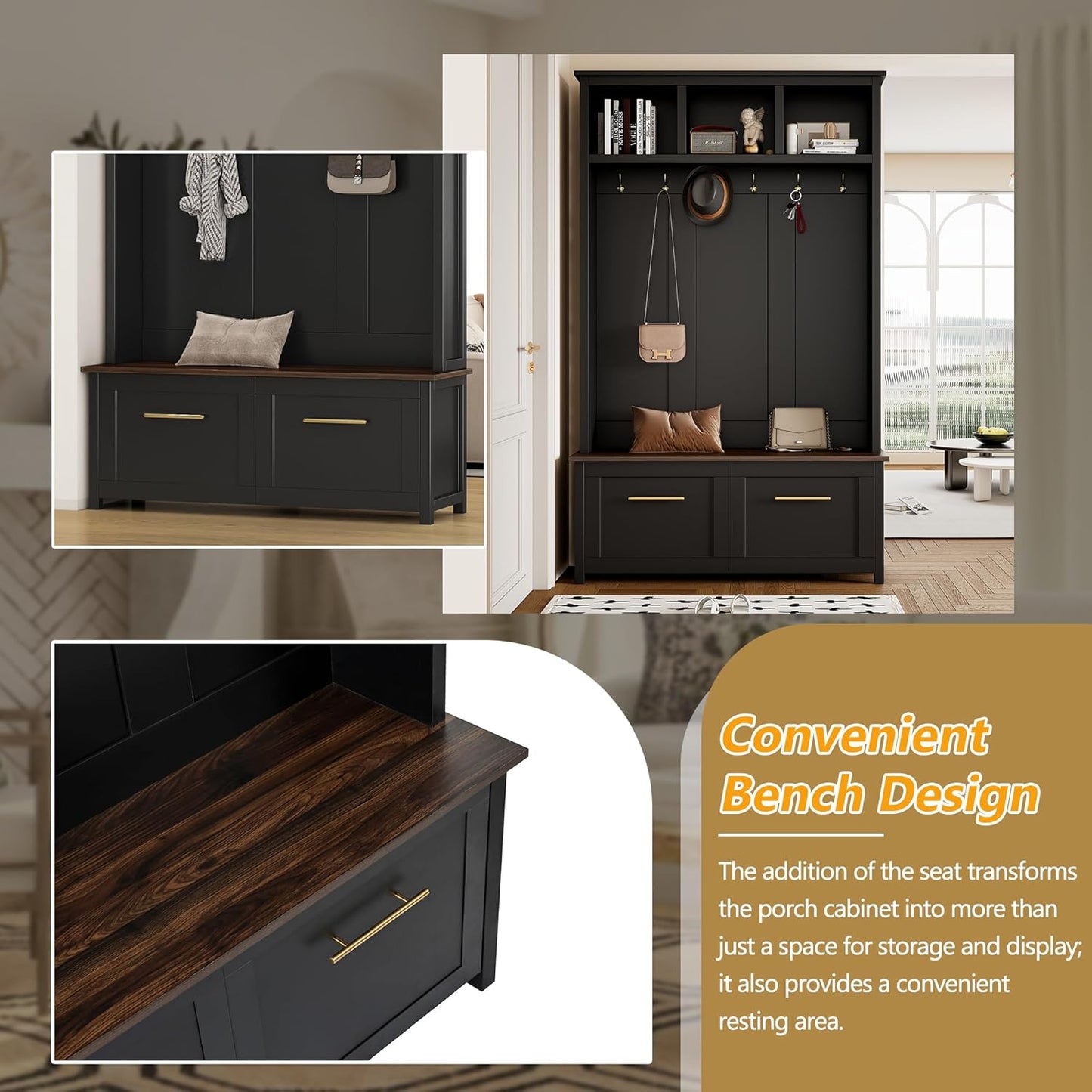 Modern 4-In-1 Storage Hall Tree with Bench, Versatile Multiple Space with 6 Golden Hooks, 2 Drawers, Entryway Coat Rack for Living Room, Hallway, Black