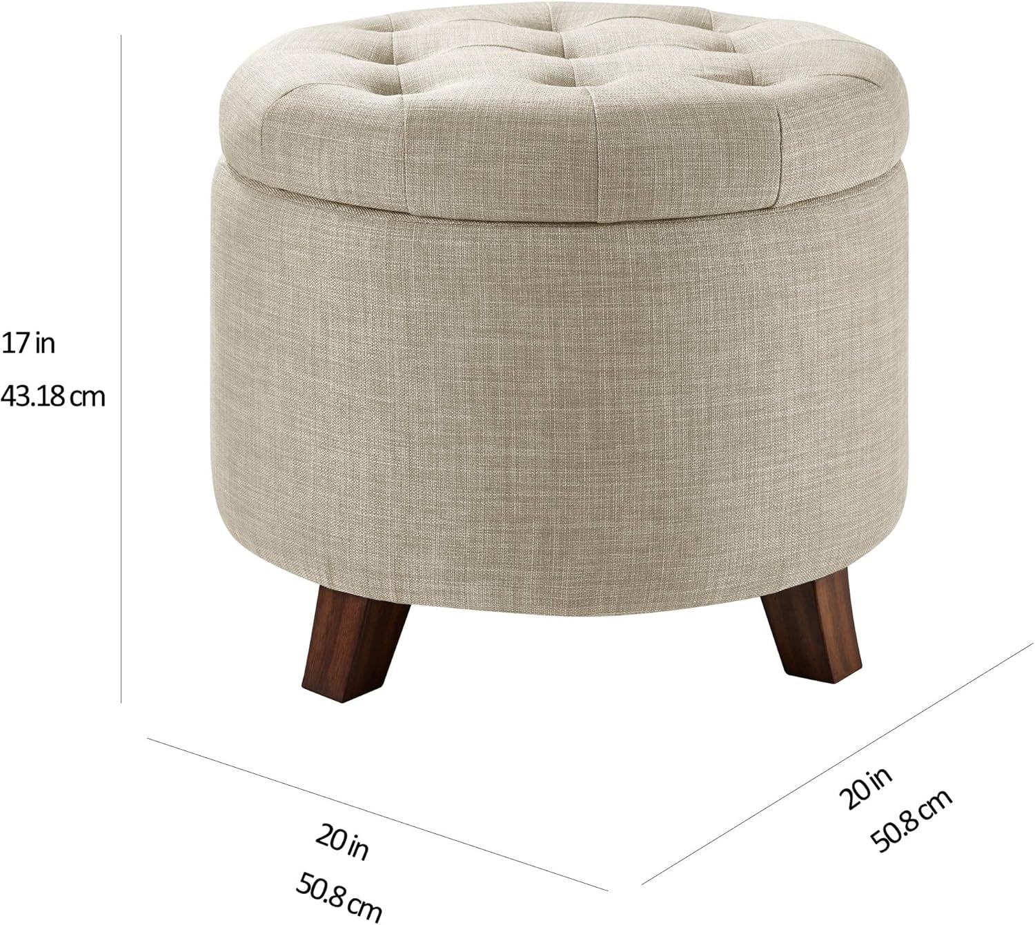 round Storage Ottoman Foot Rest, Button Tufted Upholstered Footstool with Storage, Sturdy Linen Fabric for Living Room and Bedroom, 20" X 17", Beige
