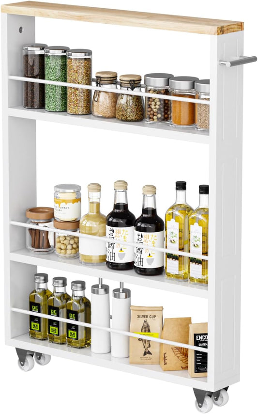 4 Tier White Slim Storage Cart with Handle, Slide Out Storage Rolling Utility Cart for Kitchen, Laundry, Narrow Places