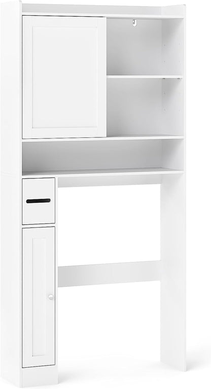 over the Toilet Cabinet, Freestanding Bathroom Space Saver with Sliding Door, Adjustable Shelves, Toilet Paper Holder, Modern Bathroom Cabinet above Toilet for Restroom, Laundry Room (White)