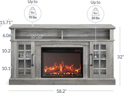 Traditional 58" Rustic TV Stand with 23" Electric Fireplace Heater with Sound, Media Entertainment Center Console Table for TV up to 65" with Open Storage Shelves and Cabinets - Grey Wash
