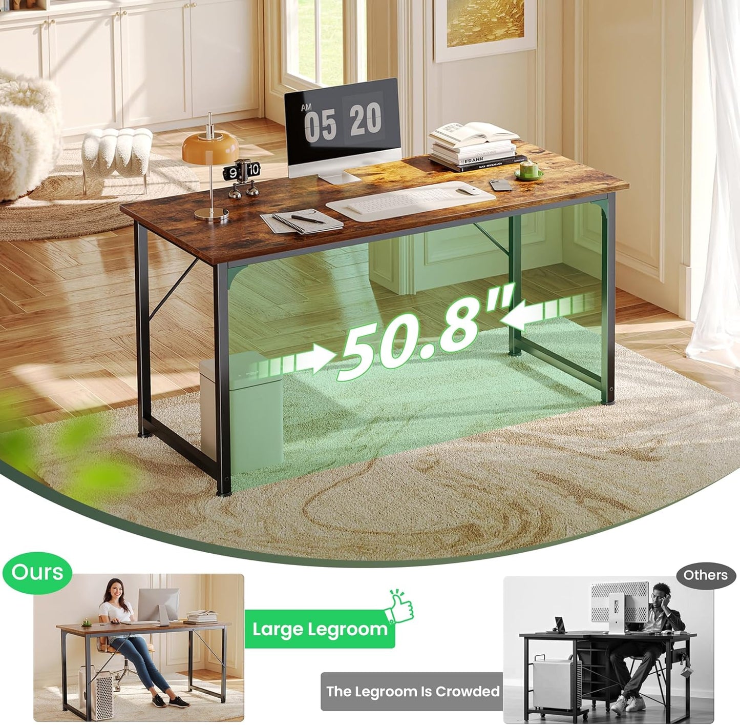 Computer Desk, 55 Inch Home Office Desk, Gaming Writing Work from Home Study Desk, Large Legroom, Sturdy Metal Frame, Modern Simple, Rustic Brown