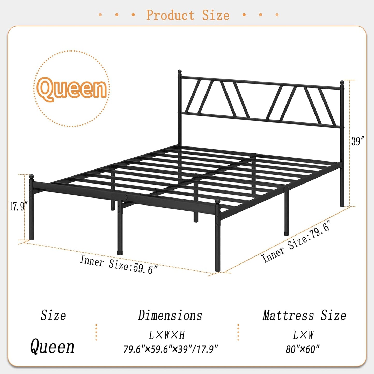 Metal Platform Bed Frame with Headboard, 14 Inches Queen Bed, No Box Spring Needed, Steel Slat Support, Black, Easy Assembly